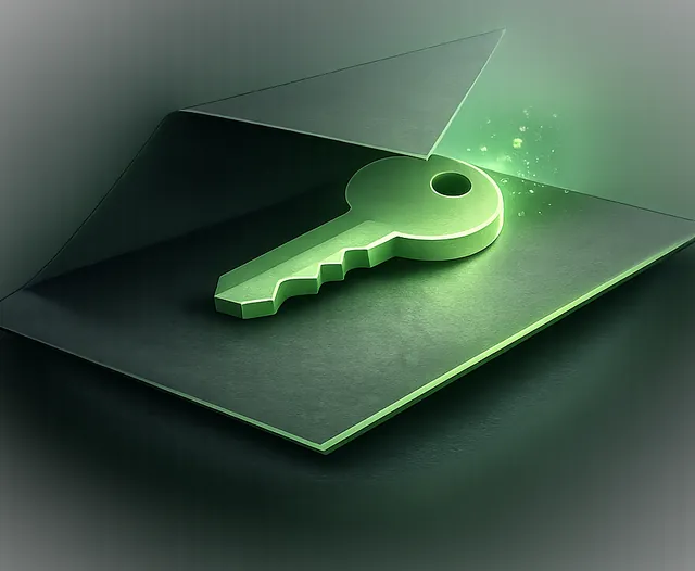 Llave de papel verde sobre un sobre de papel oscuro